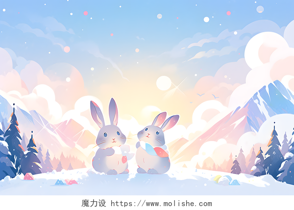 卡通冬天雪地森林里的可爱小兔子AI插画